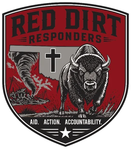 Red Dirt Responders shield showing a bison, tornado, cross, red dirt, and the motto Aid. Action. Accountability.